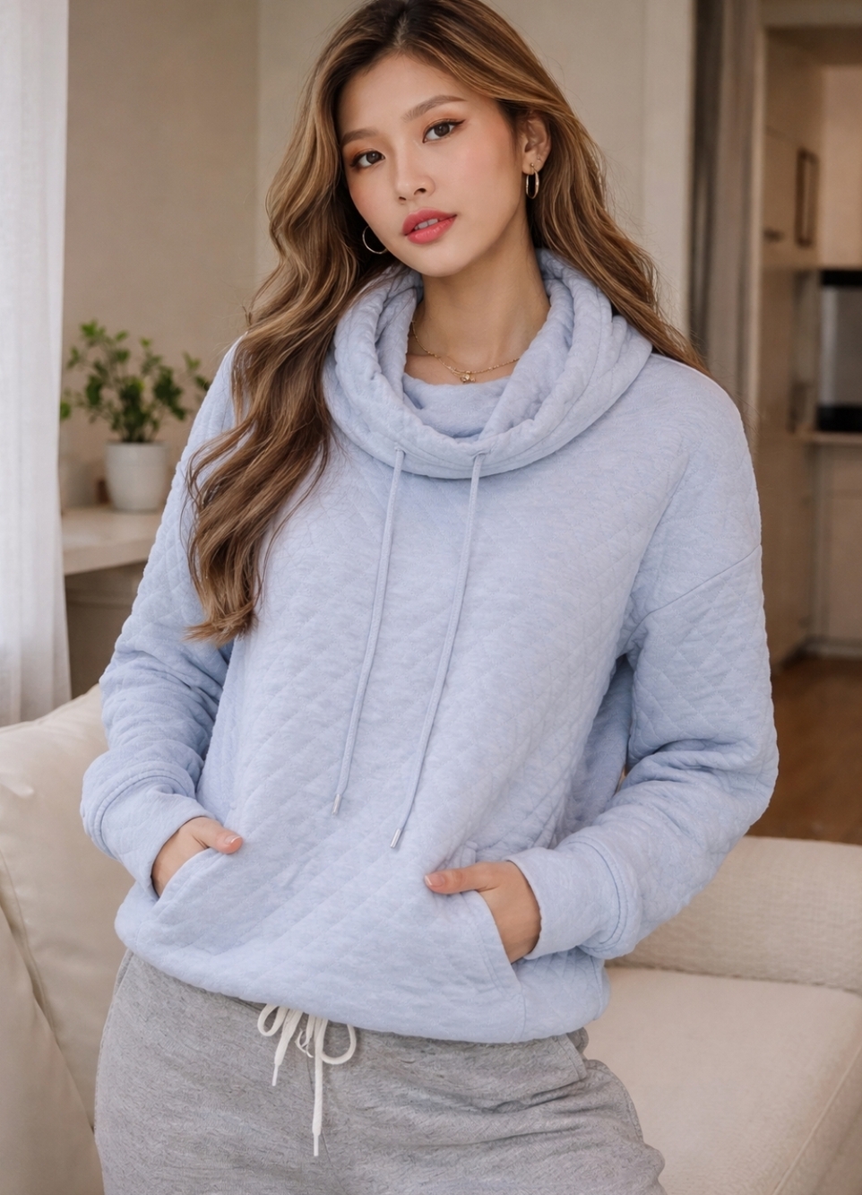 Jones New York Blue Cowl Neck Sweater with Relaxed Fit and Textured Desi…